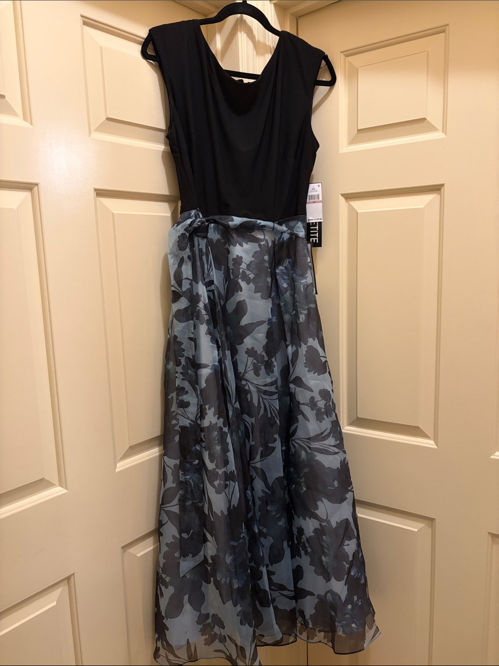 SLNY Black Bodice fit and flare with Blue and Black Floral Maxi tule dress